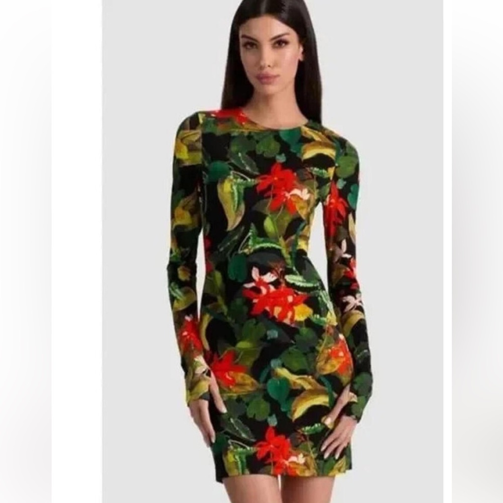 Alice + Olivia Black Long-Sleeve Floral Bodycon Dress with Red & Green Accents